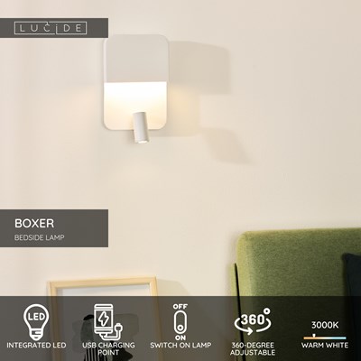 Lucide BOXER - Bedside lamp / Wall light - LED - 3000K - With USB charging point - White